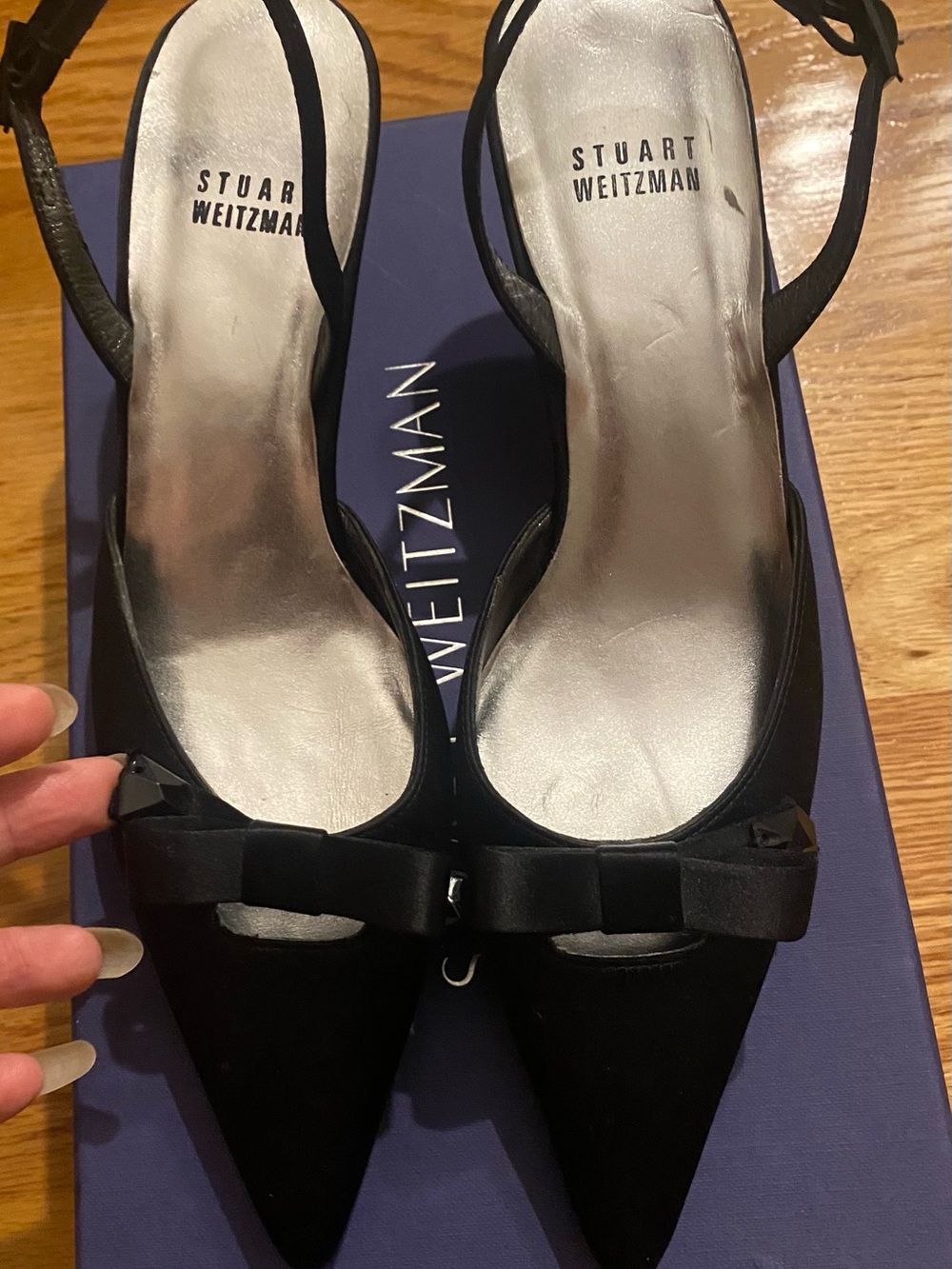 Stuart Weitzman Black Pointed Slingback Pumps with Bow Accent
